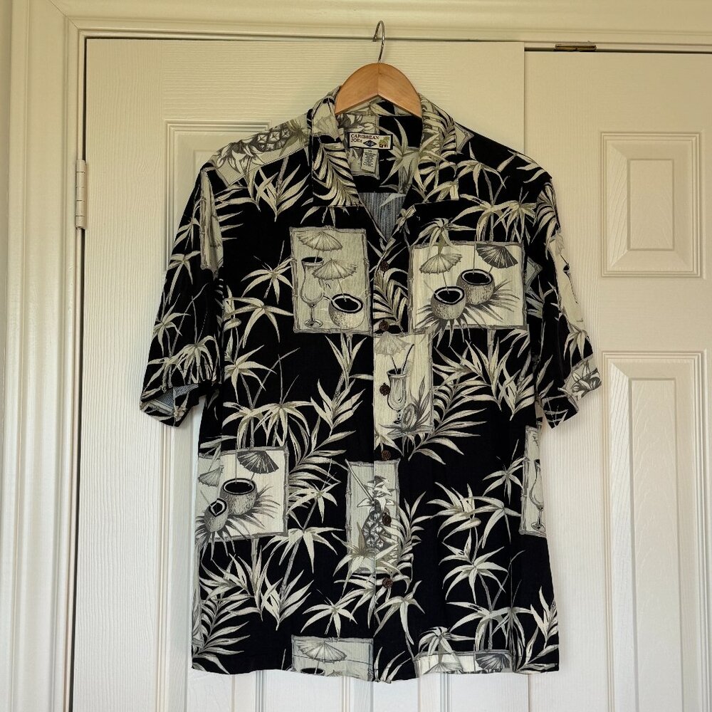 Caribbean Joe Vintage "Island Drinks" Black Tan Olive Green Camp Shirt – Men XL